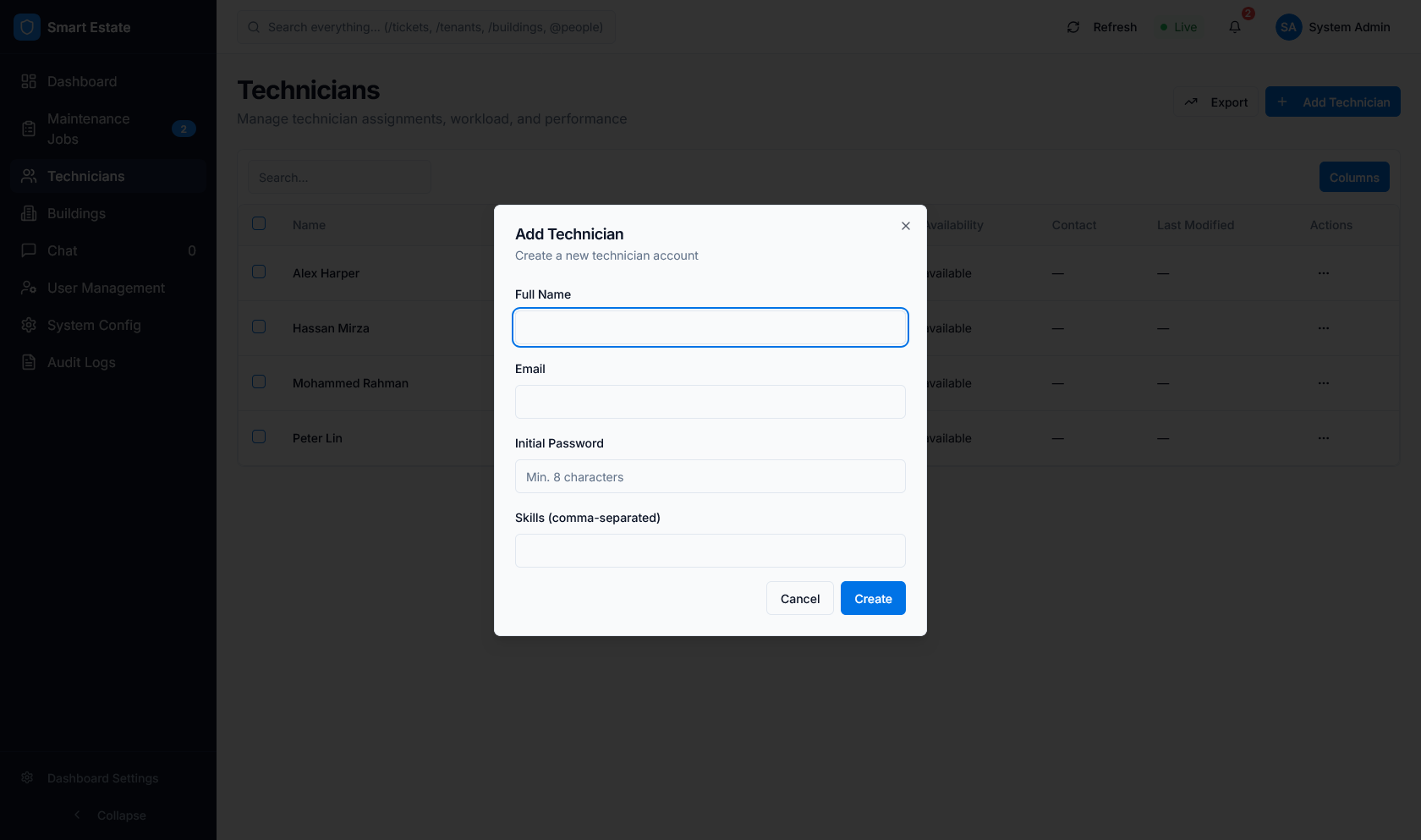 Add technician modal