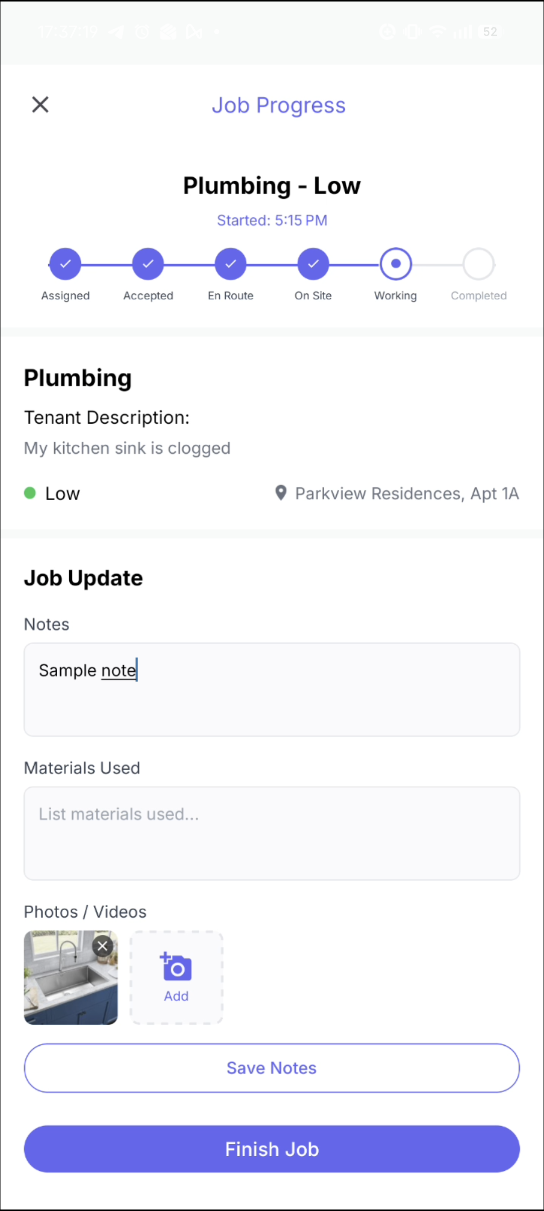 Technician job progress screen