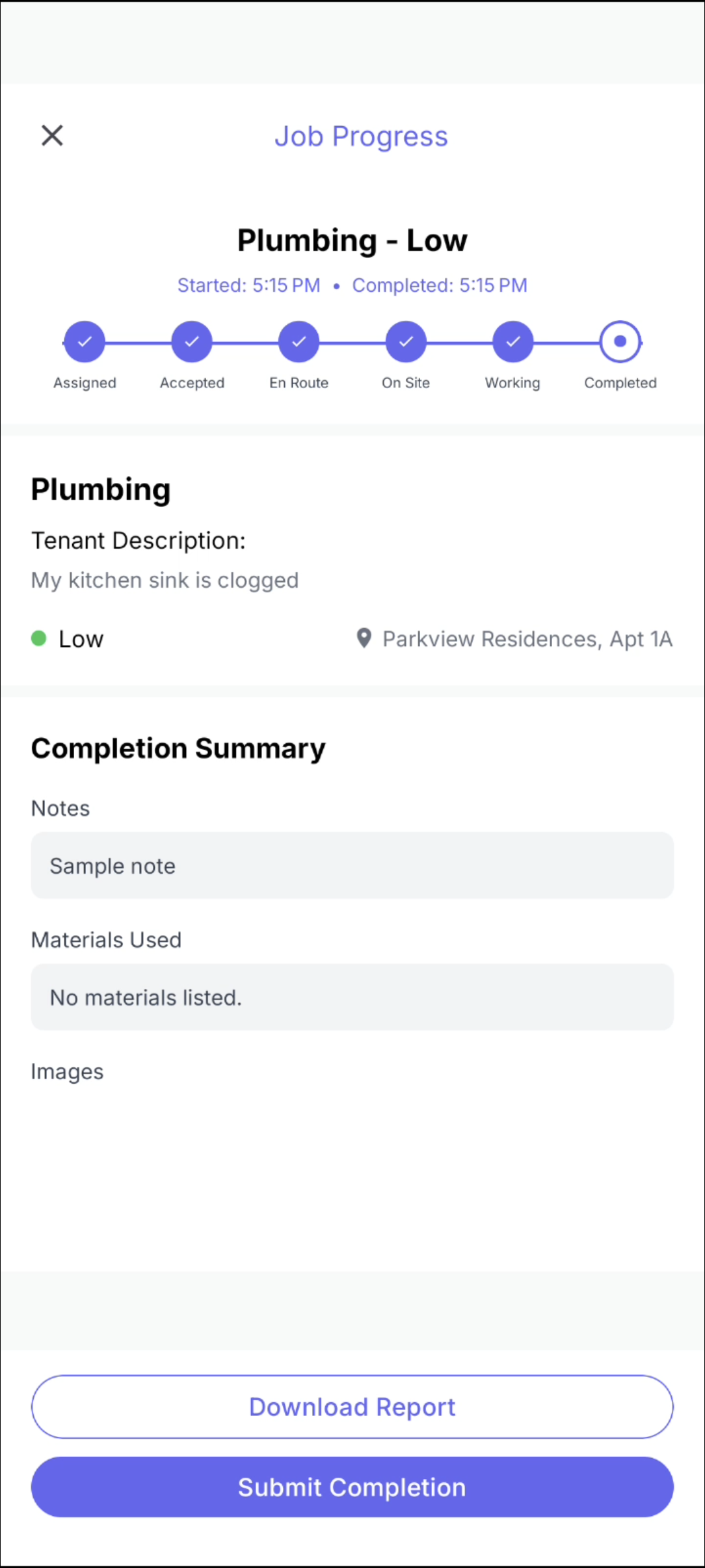 Technician completion summary and report actions