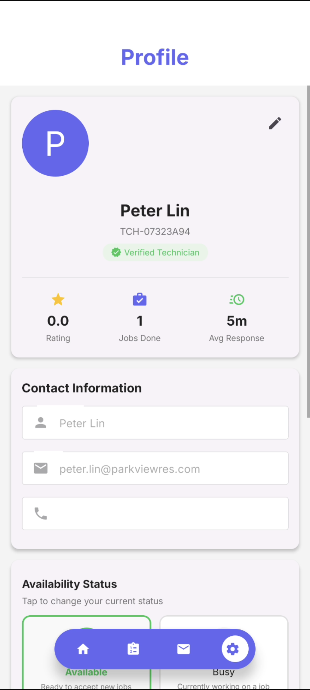 Technician profile and availability details