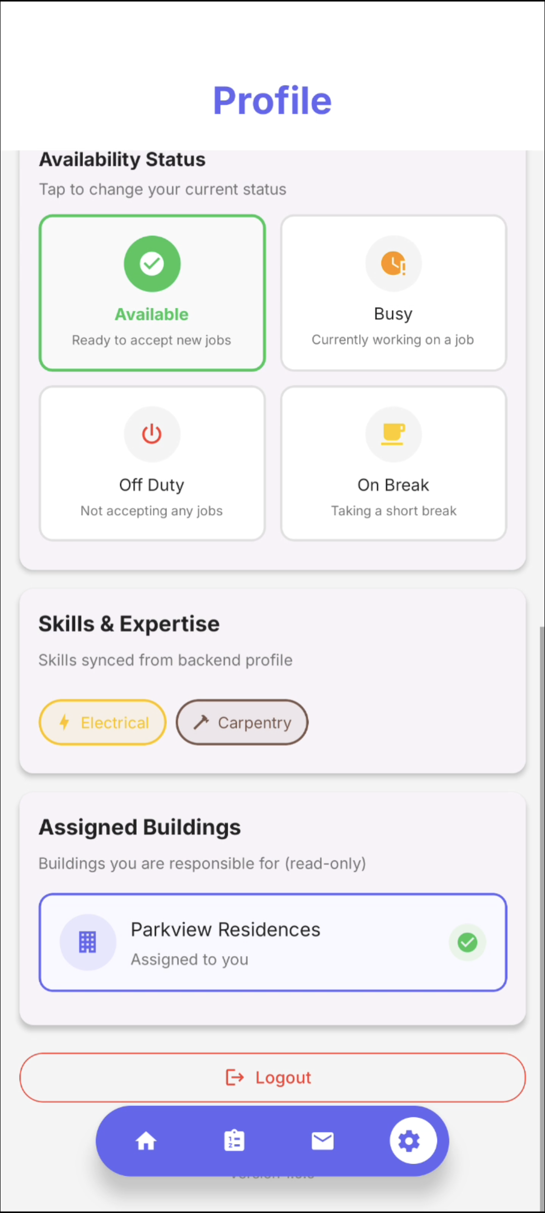 Technician profile screen