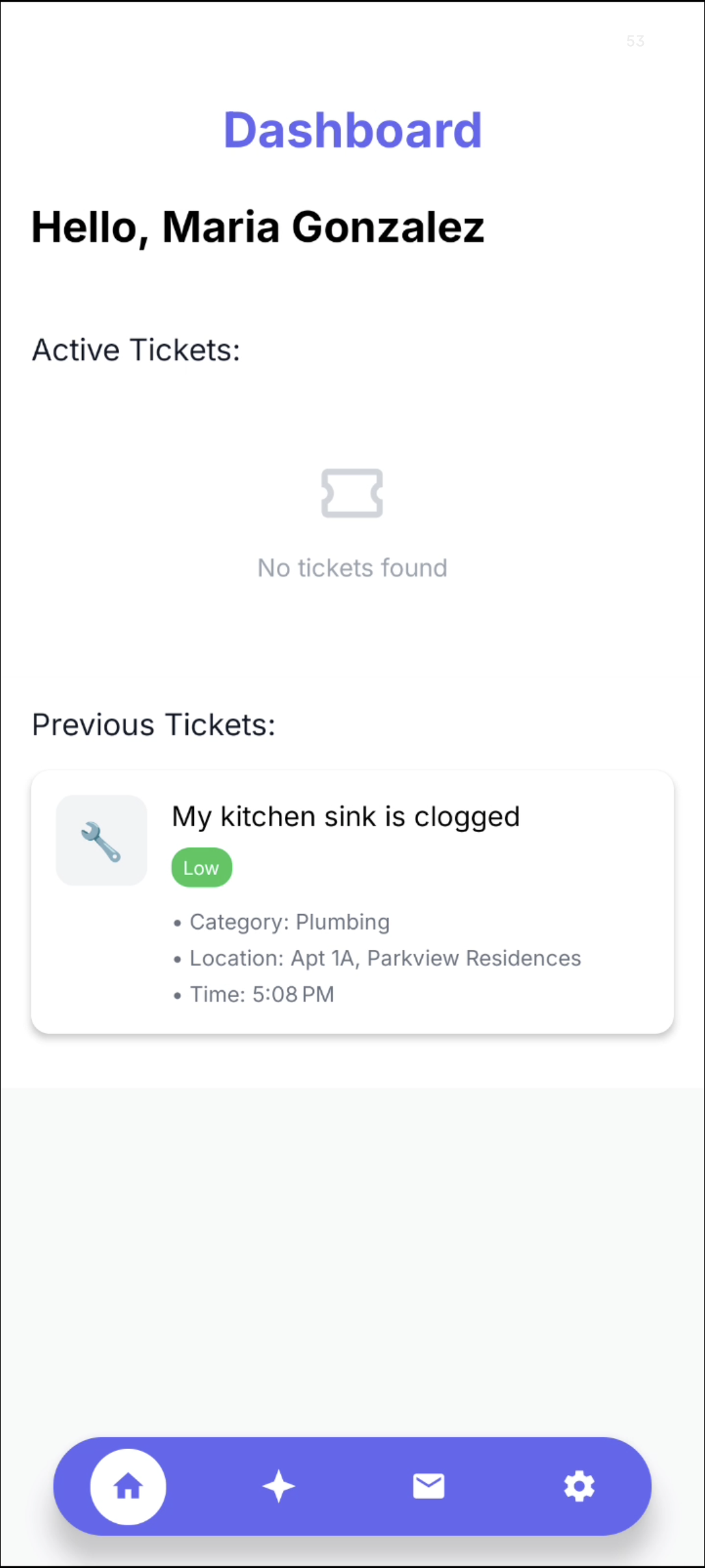 Tenant dashboard with previous ticket card