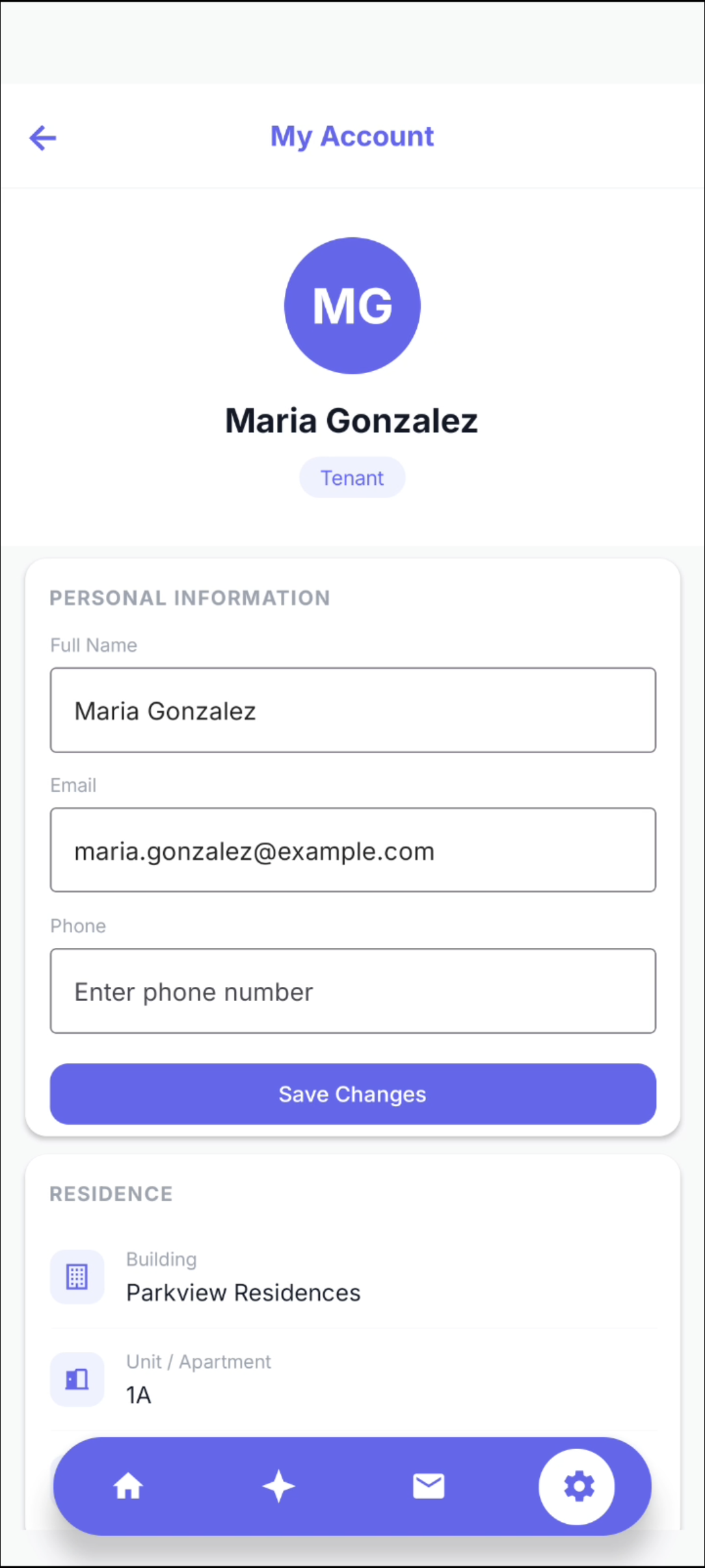 Tenant account screen