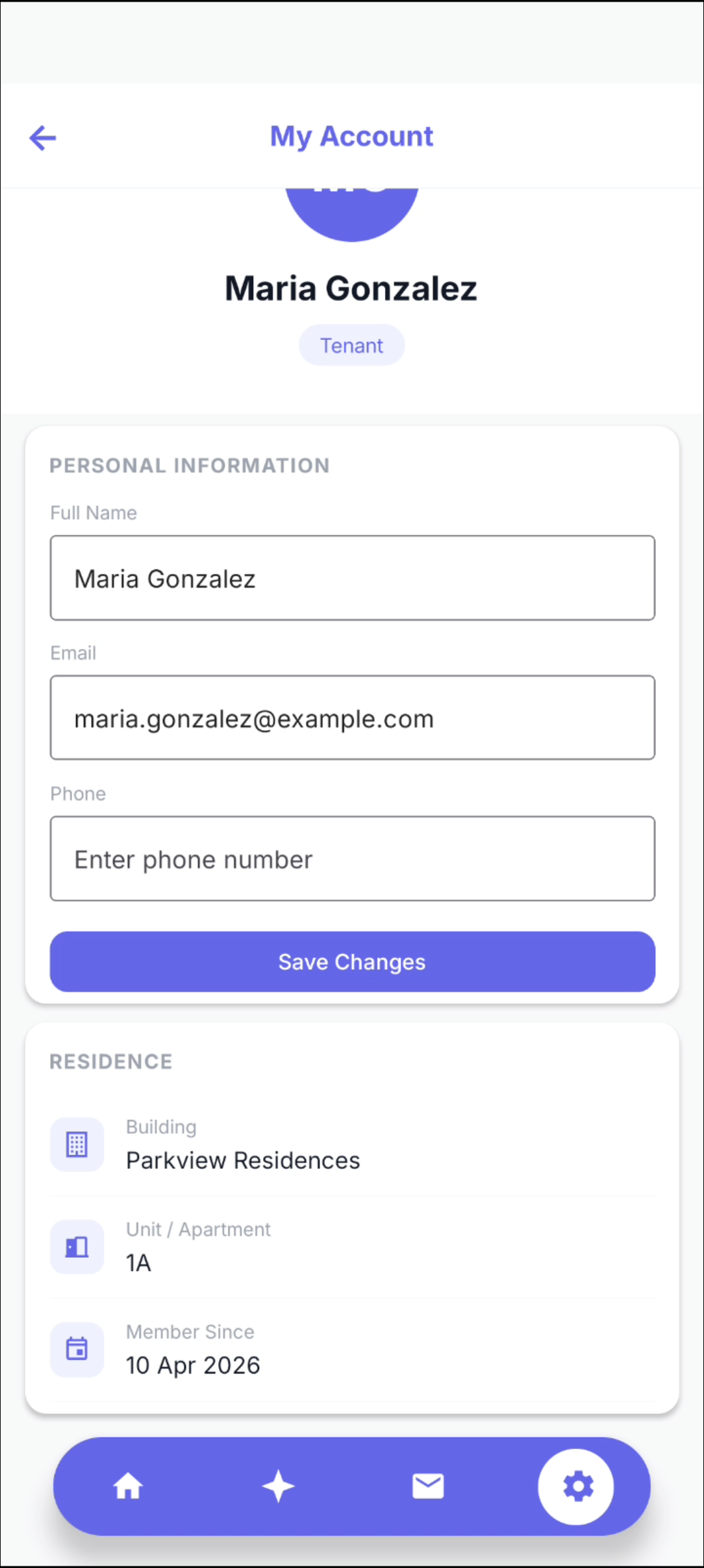 Tenant account details section